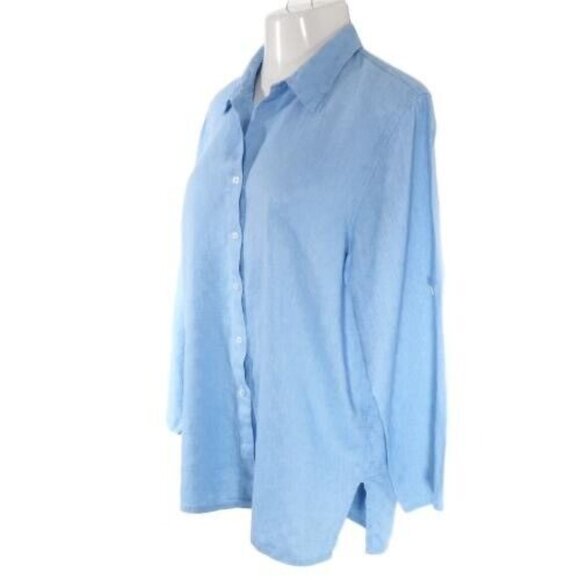 Sag Harbor Womens Top Size XL Washable Linen Basket Weave Faux Roll Tab Blue - Picture 4 of 10